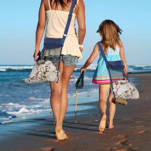 VioraWhite 2 Pcs Extra Large 14 x 16inch Clam Mesh Chum Beach Bags for Seashells Clams Treasures Sand Away Foldable Shell Collection Bags with Adjustable Straps (Navy Blue) - color: Navy Blue