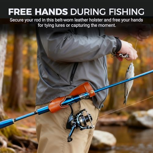 Brown Leather Fishing Rod Holster | Single Slot Belt Mount Carrier for Surf Fishing & Wading | Hands-Free Compatible with Fly Reels and Spinning Reels - color: Light Brown
