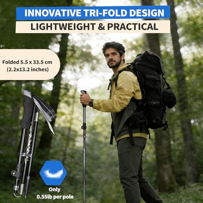 Deepfeel Collapsible Trekking Pole Adjustable Hiking Pole - Aluminum Alloy 7075 Walking Stick with Telescopic & Foldable Tri-fold Design for Travel Camping Climbing Walking - color: Black