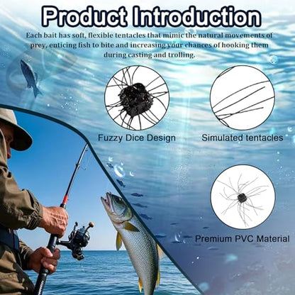 10 Pack Fuzzy Dice Fishing Lure, Dice Baits for Bass Fishing, Tumbleweed Lure, Used to Attract Catfish and Bass in Streams, with Tentacles, Bright Freshwater Silicone Soft Bait