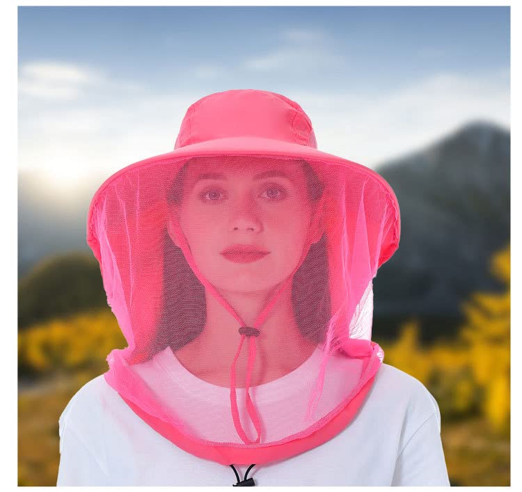 Mosquito Fishing Safari Mesh Net Hat with Neck Flap, Sun Protection Women Men Bug Cap, Hidden Netting Boonie - color: Pink