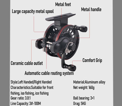Metal Ice Fishing Reel High Speed 3.0:1, 3+1BB Inline Ice Fishing Reels