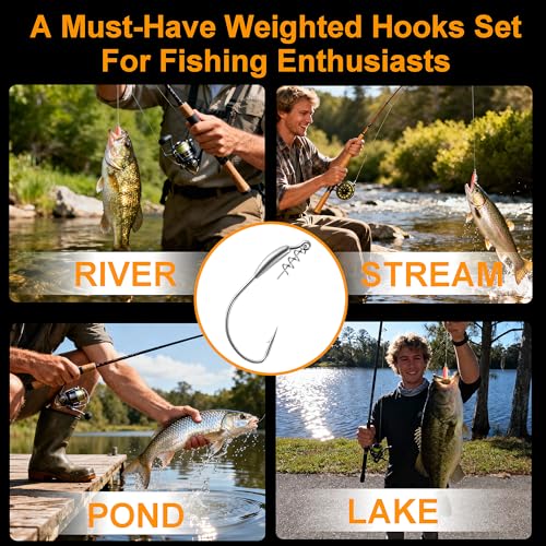 24pcs Weighted Swimbait Hooks Set with Box, EWG Weedless Fishing Hooks with Spring Screw Lock, Saltwater Freshwater Worm Fishing Hooks for Bass Walleye Catfish, 1#, 1/0, 2/0, 3/0, 6pcs Each Size