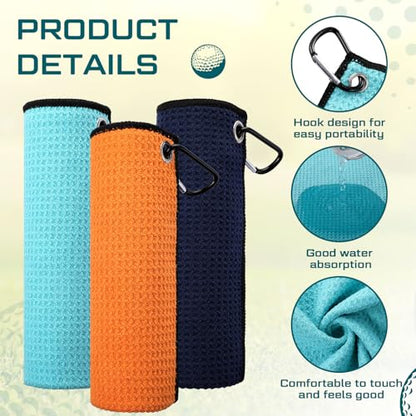 Batiyeer 12 Pcs Golf Towel Bulk for Golf Bags Microfiber Fabric Towel with Clip Waffle Pattern, Fitness, Camping, Hiking, Yoga - color: Orange, Sky Blue, Navy Blue