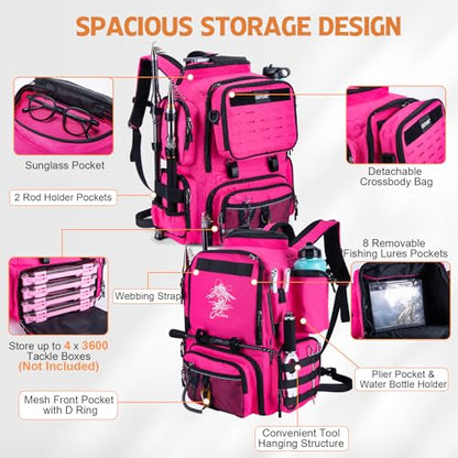 Goture Fishing Backpack, 900D Water-Resistant Tackle Backpack with Rod Holders, 58L Large Storage Gear Fishing Tackle Bag with Detachable Crossbody Bag,8 Lure Pockets,Bottle Holder for Camping Hiking - color: Pink