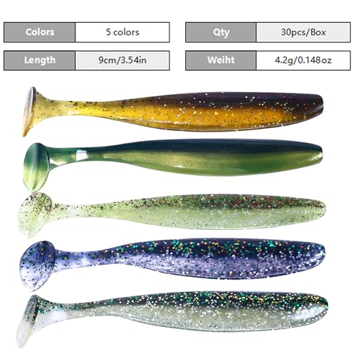 Fishing Soft Plastic Lures, Paddle Tail Swim Baits for Bass Fishing,Paddle Tail Swimbaits for for Bass Trout Walleye Lures, 30/50pcs Soft Plastic Baits with Box - color: C:3.54in/0.148oz-30pcs