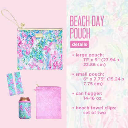 Lilly Pulitzer Water Resistant Vinyl Beach Day Pouch, Zipper Bag Includes Drink Hugger, Small Pouch, and Towel Clips - color: Best Fishes