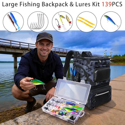 Fishing Backpack with Rod Holder and Tackle Boxes, Cooler, Large 50L Fishing Gear Bag with 139 Fishing Lures Kit, Fish Tool Set, Fish Gifts for Men Woman-Camo Backpack - color: Camo
