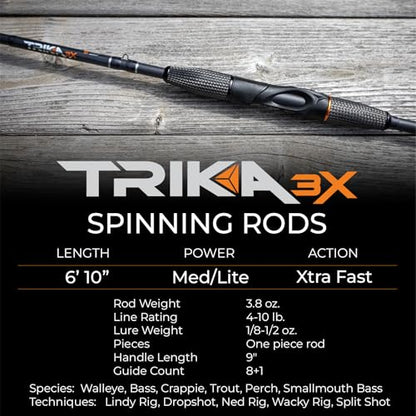 TRIKA 3X Carbon Rod Carbon Weave Rod for Extra Sensitive Vibration | Longer Casting | Lightweight Freshwater Fishing Pole - style: Spinning 6'10" Medium Lite/Xtra Fast 1pc.
