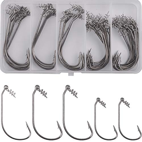 Twistlock Fishing Hooks,50pcs Bass Fishing Worm Hooks with Centering Pin Spring Unweighted Swimbait Hooks for Soft Plastics Lure Baits Saltwater Freshwater Size 1/0 2/0 3/0 4/0 5/0 - size: (3/0 + 5/0)-50pcs