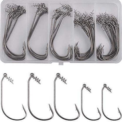 Twistlock Fishing Hooks,50pcs Bass Fishing Worm Hooks with Centering Pin Spring Unweighted Swimbait Hooks for Soft Plastics Lure Baits Saltwater Freshwater Size 1/0 2/0 3/0 4/0 5/0 - size: (3/0 + 5/0)-50pcs