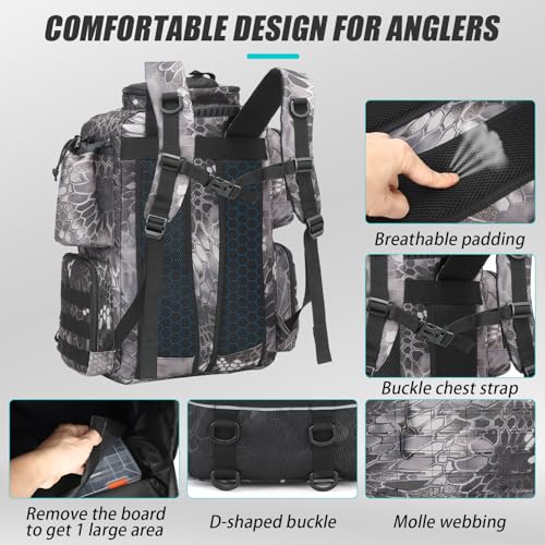 Tactical Fishing Backpack with Tackle Boxes, Rod Holders & Bottle Holder, 50 L Large Tackle Box Backpack with Cooler, Fishing Tackle Bag Store Gear & Equipment, 900 D Oxford, Camouflage Black - color: Gray CM