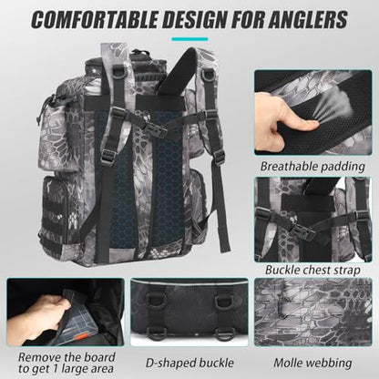 Tactical Fishing Backpack with Tackle Boxes, Rod Holders & Bottle Holder, 50 L Large Tackle Box Backpack with Cooler, Fishing Tackle Bag Store Gear & Equipment, 900 D Oxford, Camouflage Black - color: Gray CM