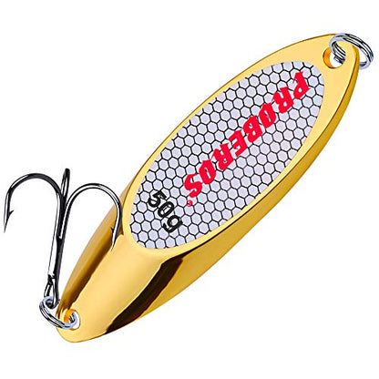 PROBEROS Fishing Spoons Lures Bass Baits Jigging Bait Tackle with Treble Hooks Hard Metal Spoon Fishing Lure Weight Pick 10 Pcs/Pack Silver Gold - color: 10PCS Gold, size: 50G-1.76oz