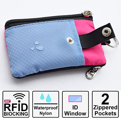 CHENSPRX Minimalist RFID Blocking Small Wallet with ID Window,WaterResistant Zip Id Case Wallet with Lanyard Keychain for Cards,Cash,Travel,Women,Men - color: LightSkyBlue+DeepPink