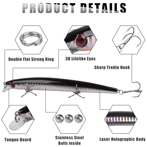 Saltwater Fishing Lure Kit Surf Fishing Popper Minnow Lures Jerkbait Hard Bait Poppers Lure for Striped Plugs Diving Inshore Offshore Ocen Fishing Mackerel Tarpon Barracuda 6PCS/12PCS - color: 12PCS