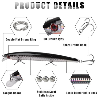 Saltwater Fishing Lure Kit Surf Fishing Popper Minnow Lures Jerkbait Hard Bait Poppers Lure for Striped Plugs Diving Inshore Offshore Ocen Fishing Mackerel Tarpon Barracuda 6PCS/12PCS - color: 12PCS