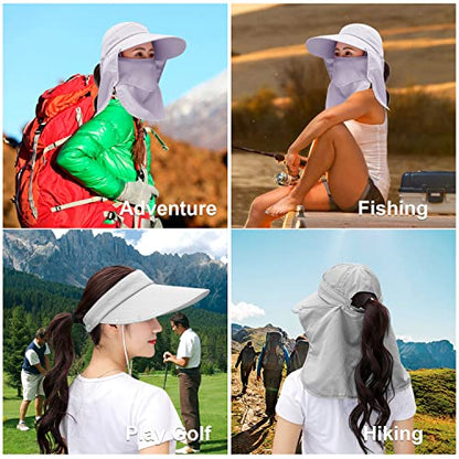 Women Wide Brim Face Mask Sun Hat Detachable Neck Face Flap Ponytail UV Protection Visor Hat Garden Fishing Hiking - color: A2-shun005-gray