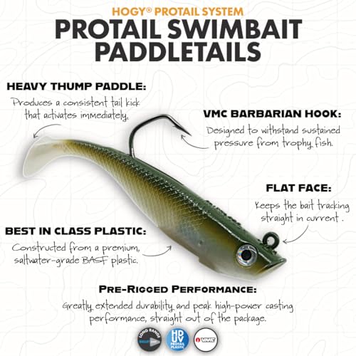 Hogy Protail Paddle Pre-Rigged Swimbait Saltwater Fishing Lure VMC Hook | Pre-rigged paddle tail swimbait with VMC Barbarian hook for Striped Bass, Bluefish, Snook, Tarpon & Tuna. - color: Olive, size: 6.5"/4oz