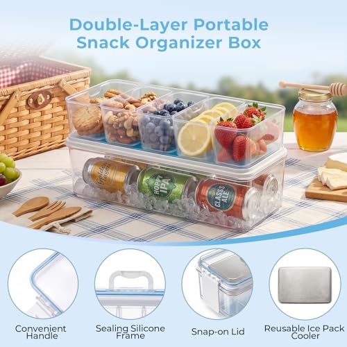Homelove Snackle Box Container, Snack Organizer Divided Serving Tray with 2 Stainless-Steel Ice Packs, Lid with Handle, Double-layer Tray and 5-Compartment Snack Platter for Travel Party Beach Picnic - color: E