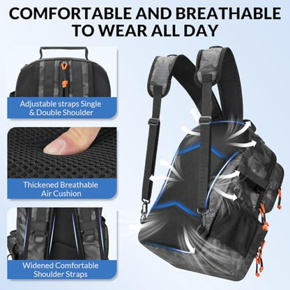 THKFISH Fishing Backpack with Tackle Boxes, 20L Waterproof Tackle Sling Bag with Lures Kit, Fish Lip Gripper, Pliers, Scissors, Fishing Gifts for Men Women - color: Black Camo Fishing Backpack with Tackle Boxes