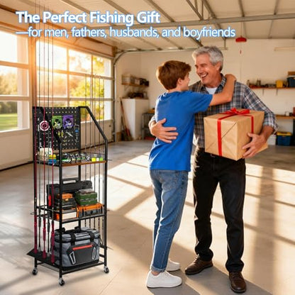 Fishing Rod Holder for Garage Organization, Fishing Rod Rack, Fishing Gear Storage up to 12 Rods with Pegboard & Hooks, Heavy Duty Fishing Cart with Wheels for Fishing Storage,Tackle Box