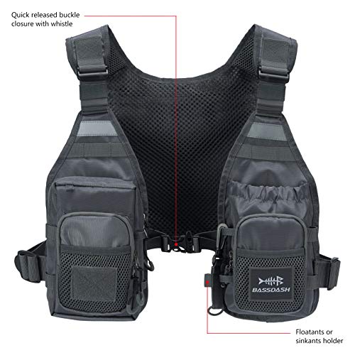 BASSDASH FV08 Ultra Lightweight Fly Fishing Vest for Men and Women Portable Chest Pack - color: Grey