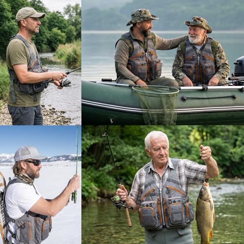Gonex Fly Fishing Vest for Men Women, Comfortable Adjustable Fishing Vest with Multi-Pockets Reflective Stripes - color: Gray+brown