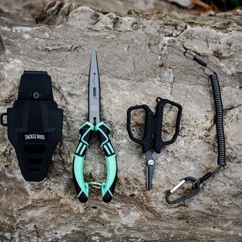 Tackle Boss Outlaw Fishing Pliers & Tool Set – 7.5" Stainless Steel Fishing Pliers, Braid Scissors, Hook Remover & Line Cutter with Holster and Lanyard, Freshwater & Saltwater Fishing Gear - color: Pink