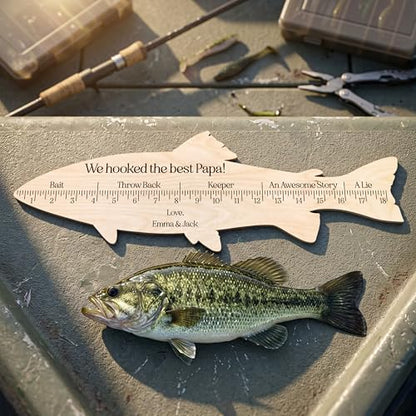Personalized Fish Ruler Sign for Dad, Custom Wooden Fish Measuring Board with Name and Message, Father’s Day Fishing Gift for Men, Grandpa, Papa, Husband, Rustic Fisherman Wall Decor for Man Cave Garage Lake House