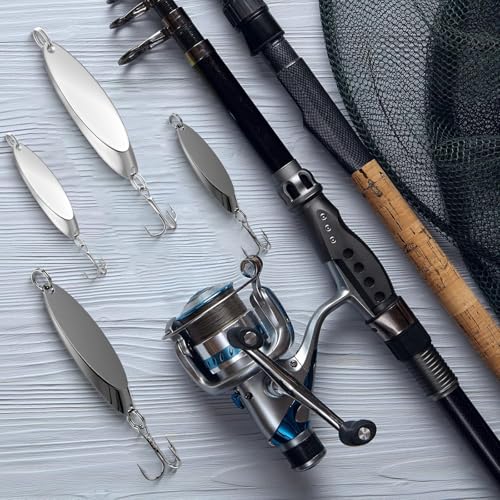HESTYA Fishing Lures Spoons Saltwater Treble Trout Lures Hard Metal Spinner Baits 5 Sizes Casting Spoon Hooks for Salmon Bass in 1/5 1/4 3/8 1/2 3/4 oz - color: Silver, Black