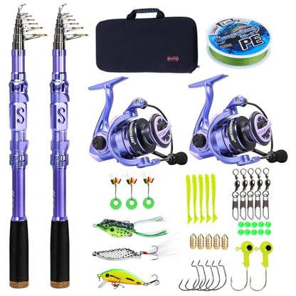 Sougayilang Fishing Rod and Reel Combos Carbon Fiber Telescopic Fishing Pole with Smooth Reel Combo Saltwater Freshwater Kit - color: Purple Rod and Reel 2Pack, size: 1.8m/5.91ft