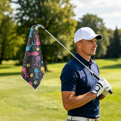 Colorful Fish Paw Black Pattern Magnetic Golf Towel for Golf Bags Microfiber Golf Essentials for Men Women with Carabiner Clip Attaches to Carts and Clubs, 17.7"x17.7"