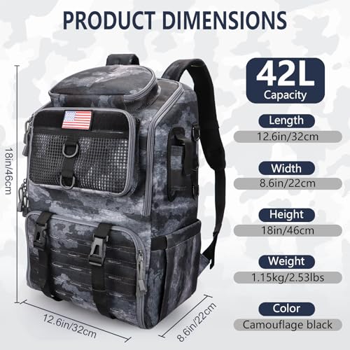 Fishing Backpack with Rod Holders, Ultimate Tackle Box Bakpack for Men, 42L Large Tackle Bag Store Fishing Gear