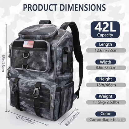 Fishing Backpack with Rod Holders, Ultimate Tackle Box Bakpack for Men, 42L Large Tackle Bag Store Fishing Gear