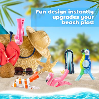 8 Pack Clips for Beach Chairs-Durable and Big Towel Clips, Peg Clips with Colorful Parrot and Pink Flamingo Shape, Creative Beach Towel Clip for Family Use, Portable During Travel. - style: Parrot+Flamingo+Fish+Slippers