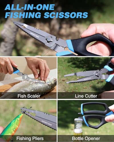 Mossy Oak 9.4" Fishing Shears, Detachable Multifunctional Large Scissors | for Braid, Mono & Fluorocarbon Line & Bait, with Scaler, Hook Remover, Bottle Opener & Sheath
