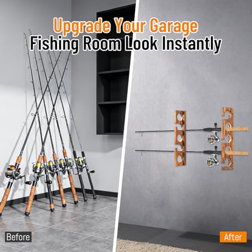 PEKER Fishing Rod Holder for Wall, Solid Wood Wall Mount Fishing Rod Rack for 5 Poles, Secure Rod Storage Organizer for Garage, Fishing Room, Home – No Tangling & Space Saving