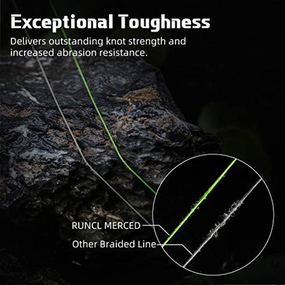 RUNCL Braided Fishing Line Merced, 1000 500 300 Yards Braided Line 4 8 Strands, 6-200LB - Proprietary Weaving Tech, Thin-Coating Tech, Stronger Smoother for Freshwater Saltwater - color: Hi-Vis Green, size: 60lb/300yards (8 Strands)