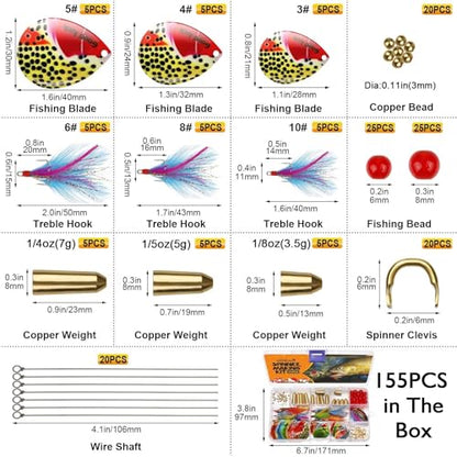 Dovesun Fishing Lure Making Kit DIY Spinner Making Kit, Inline Spinner Baits for Bass Fishing Trout Salmon Freshwater Gift for Men 228pcs/155pcs/107pcs - color: B-155PCS-Beetle Blades-Inline Spinner Making Kit