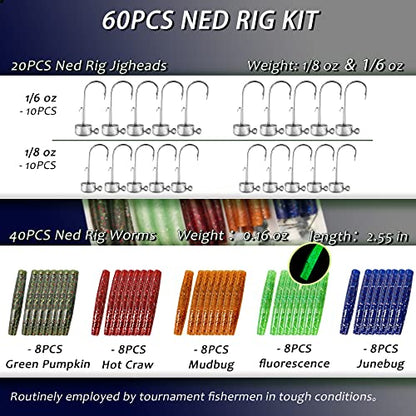 60/25 Pcs Ned Rig Jig Heads Soft Plastic Worms Stick Baits Kit, Mushroom Ned Rigs Jighead Hooks Worm Fishing Lures for Bass Freshwater Saltwater Fishing - color: 60 Pcs Ned Rig Lures