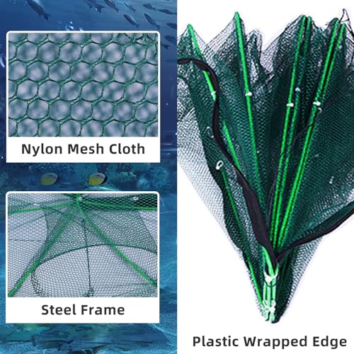 3 Pcs Foldable Fishing Net Accessories for Crab Crayfish Shrimp:Fishing Landing Net with Telescoping Pole Handle, Collapsible Crab Trap Hexagon and 2 Ropes