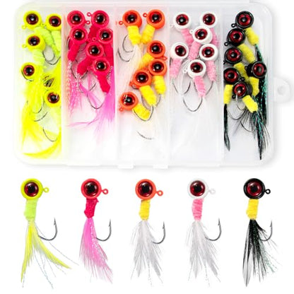 Alwonder 30-Pack Crappie Jigs Marabou Hair Fly Fishing Jigs Heads Crappie Trout Panfish Lures Hand-Tied Feather Jig Head Hooks for Bass Sunfish Walleye Bluegill 1/32oz 1/16oz 1/8oz 3/16oz 1/4oz - size: 1/8OZ - #2 HOOK
