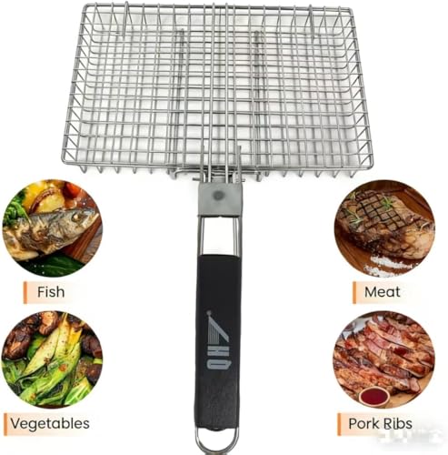Portable BBQ Grill Basket, 12.6x8.8x 1.34 Inch, Stainless Steel Folding Portable Outdoor Camping Rack for Fish, Shrimp, Vegetables, Cooking Accessories, Gifts for Dad, husband, Friends （Includes Carry Bag）