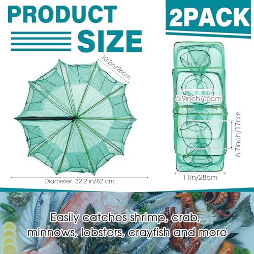 Windyun 2 Pcs Foldable Shrimp Trap 32 x 10 Inches Fishing Trap 10 Holes 10 Sides Portable Fishing Bait Nets for Minnow Crayfish Shrimp Crawdad Bait Accessories with Rope, Bag