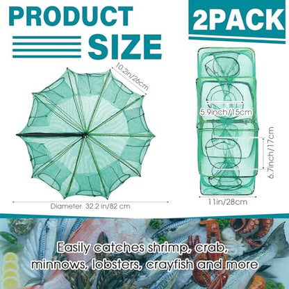 Windyun 2 Pcs Foldable Shrimp Trap 32 x 10 Inches Fishing Trap 10 Holes 10 Sides Portable Fishing Bait Nets for Minnow Crayfish Shrimp Crawdad Bait Accessories with Rope, Bag
