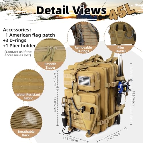 TBNBO 45l Large Fishing Tackle Backpack with Removable Plier Holder & Rod Holders, Khaki Tactical Bag, Fishing Gear and Tackle Box Organizer, Hiking Rucksack without Tackle Box - color: Khaki
