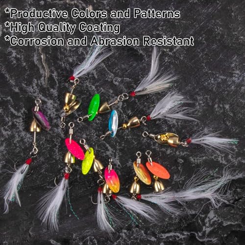 Dr.Fish 10 Pack Fishing Spinner Inline Spinner Lures Single Hook Trout Spinnerbait Lures Kits Bass Crappie Salmon Panfish Walleye Freshwater Stream - color: Feathered Treble Hook Kit, size: 1/8oz-#10