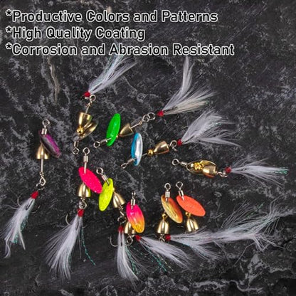 Dr.Fish 10 Pack Fishing Spinner Inline Spinner Lures Single Hook Trout Spinnerbait Lures Kits Bass Crappie Salmon Panfish Walleye Freshwater Stream - color: Feathered Treble Hook Kit, size: 1/8oz-#10