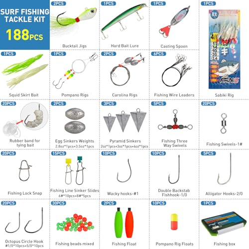 THKFISH Surf Fishing Tackle Kit, Saltwater Gear Set Saltwater Fishing Lures Fishing Bait Rigs Crankbait Spoon Bucktail Jigs Pyramid Sinkers Fishing Hooks Swivels,Perfect Fisherman's Gift